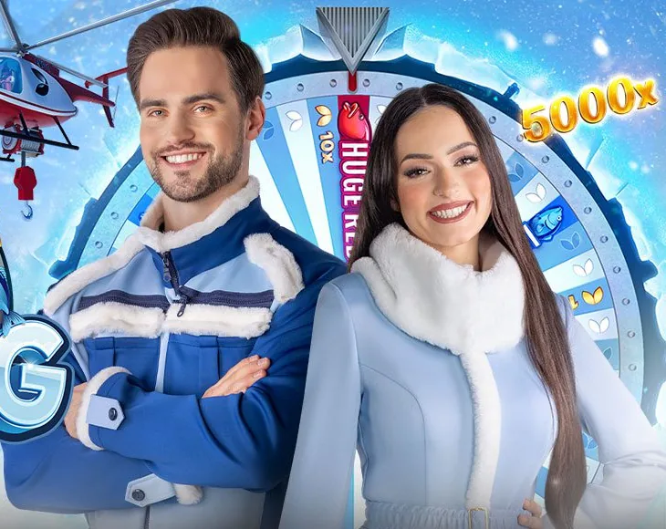 Ice Fishing Live presenters in front of the 53-segment money wheel